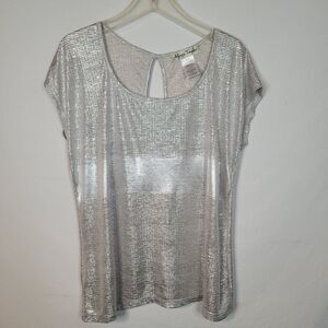 Alexis Taylor Top Womens 2X (20) Silver Cap Sleeve Keyhole Back Shimmer Glam USA